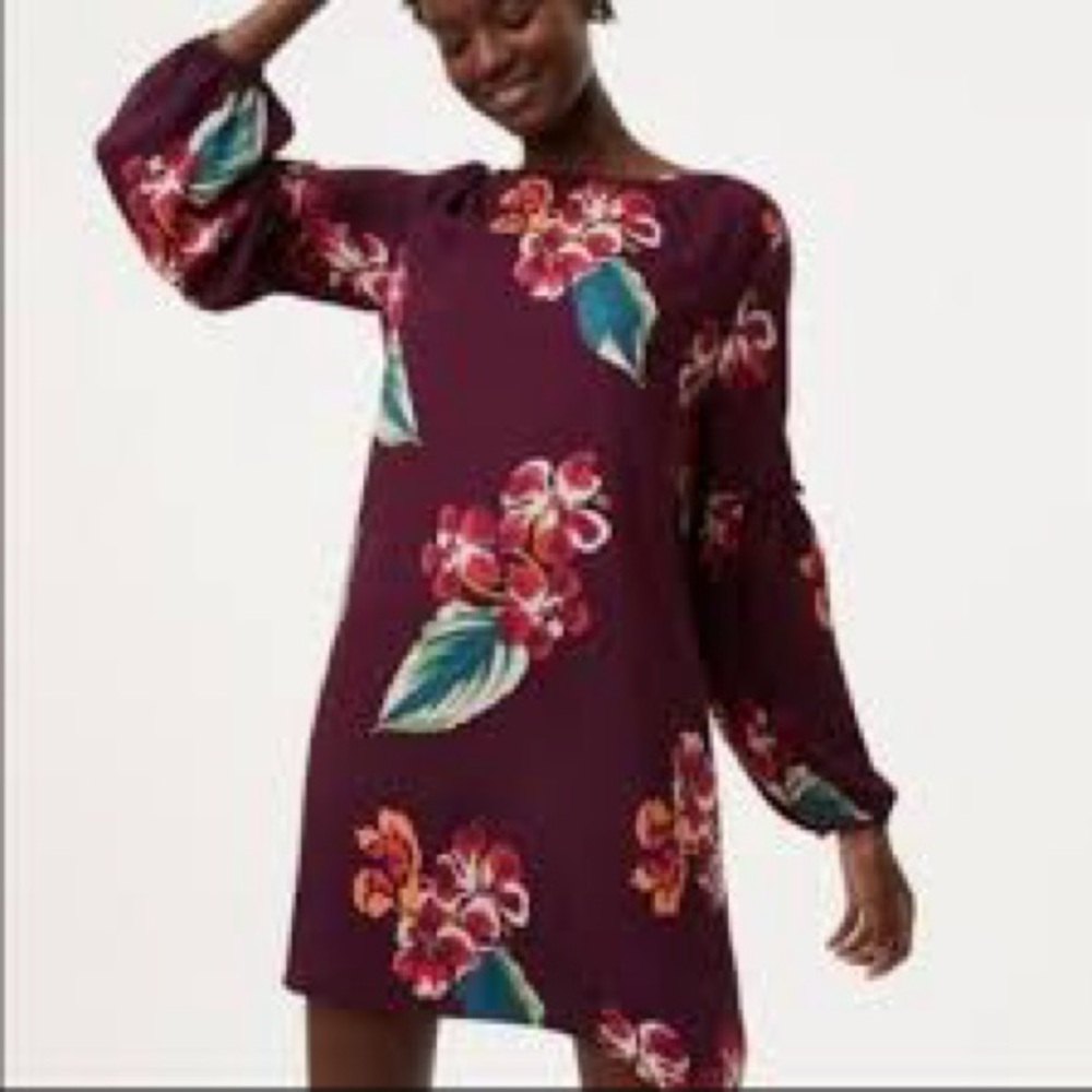 LOFT long-sleeve floral print burgundy dress - gently used